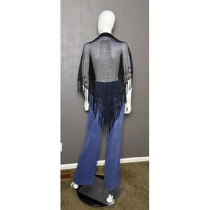 1980's Vintage Black Woven Rayon Shawl with Fringe Bohemian Wrap